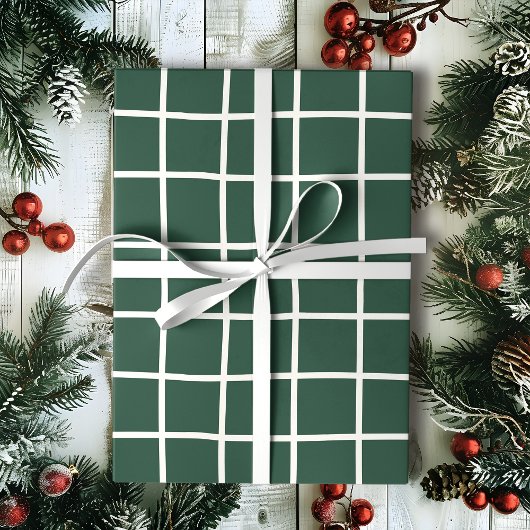 Hand Drawn Forest Green and White Grid Holiday ラッピングペーパー
