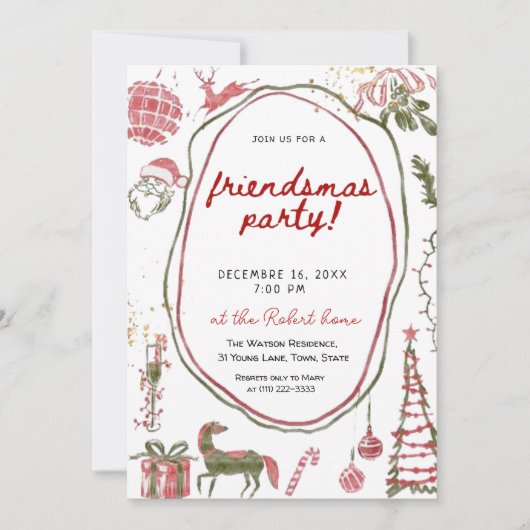 Hand drawn Friendsmas Whimsical Doodle Christmas  招待状 (正面)