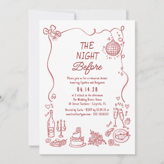 Hand Drawn Funky Retro Whimsical Rehearsal Dinner 招待状 (正面)