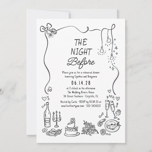 Hand Drawn Funky Whimsical Rehearsal Dinner 招待状 (正面)