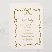 Hand Drawn Gold Bow Ribbon Border New Years Party 招待状 (正面/裏面)