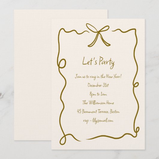 Hand Drawn Gold Bow Ribbon Border New Years Party 招待状 (正面/裏面)