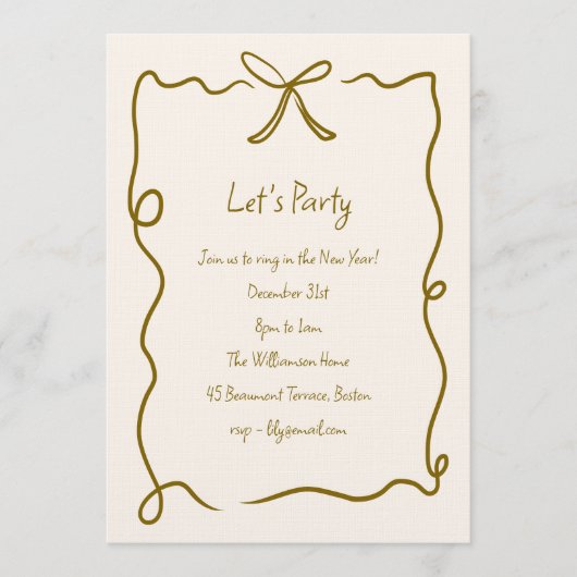 Hand Drawn Gold Bow Ribbon Border New Years Party 招待状 (正面)