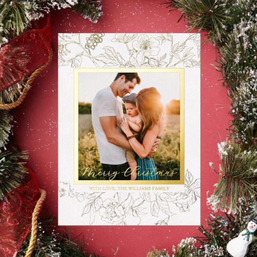 Hand Drawn Gold & White Floral Merry Christmas 箔シーズンカード