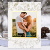 Hand Drawn Gold & White Floral Merry Christmas 箔シーズンカード