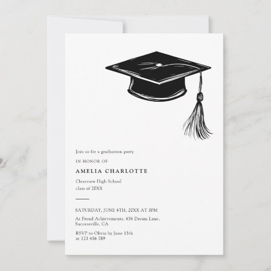 Hand Drawn Graduation Cap Modern Grad Party 招待状 (正面)