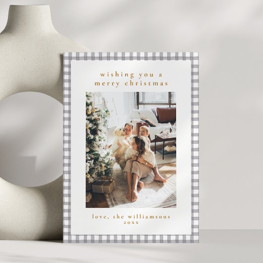Hand Drawn Gray Gingham Family Christmas Photo シーズンカード