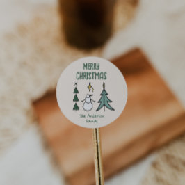 Hand Drawn Green Abstract Christmas Tree Snowman ラウンドシール