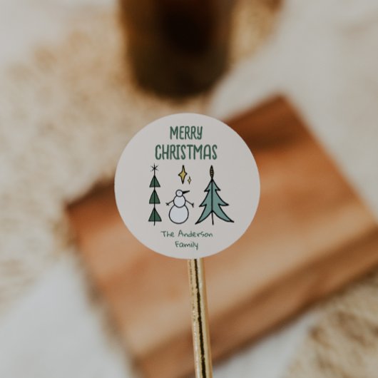 Hand Drawn Green Abstract Christmas Tree Snowman ラウンドシール