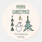 Hand Drawn Green Abstract Christmas Tree Snowman ラウンドシール (正面)