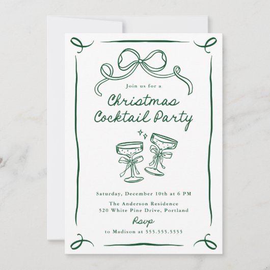 Hand-Drawn Green Bow Christmas Cocktail Party 招待状 (正面)