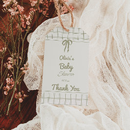 Hand Drawn Green Bow Gingham Neutral Baby Shower ギフトタグ