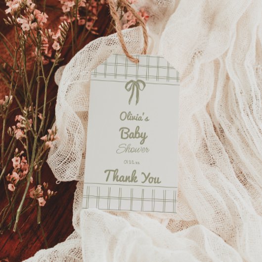 Hand Drawn Green Bow Gingham Neutral Baby Shower ギフトタグ