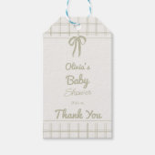 Hand Drawn Green Bow Gingham Neutral Baby Shower ギフトタグ (正面)