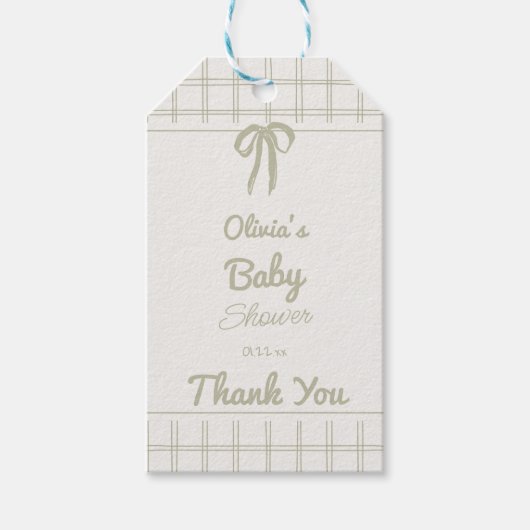Hand Drawn Green Bow Gingham Neutral Baby Shower ギフトタグ (正面)