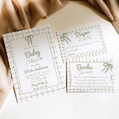 Hand Drawn Green Bow Gingham Neutral Baby Shower 招待状