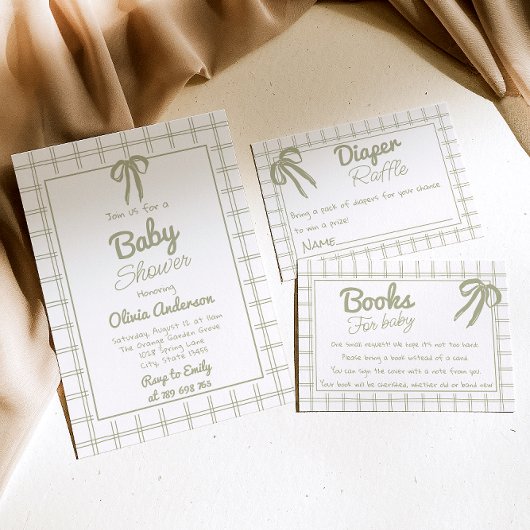 Hand Drawn Green Bow Gingham Neutral Baby Shower 招待状