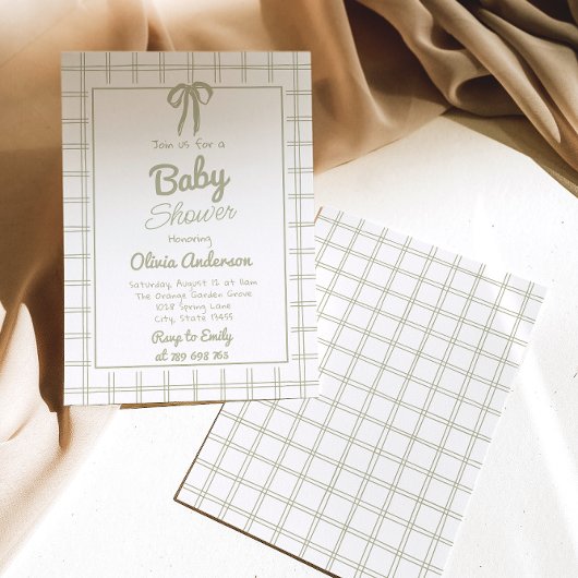 Hand Drawn Green Bow Gingham Neutral Baby Shower 招待状