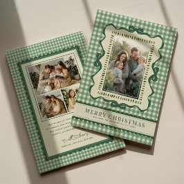 Hand Drawn Green Bow Retro Plaid Christmas Photo シーズンカード