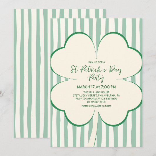 Hand Drawn Green Clover & Stripes St Patrick's Day 招待状 (正面/裏面)
