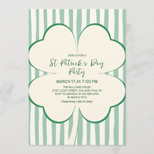 Hand Drawn Green Clover & Stripes St Patrick's Day 招待状 (正面)