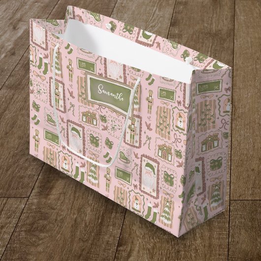 Hand Drawn green peach christmas custom name ラージペーパーバッグ