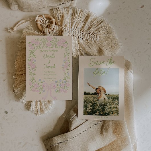 Hand Drawn Green Pink Bow Floral Photo Wedding セーブザデート