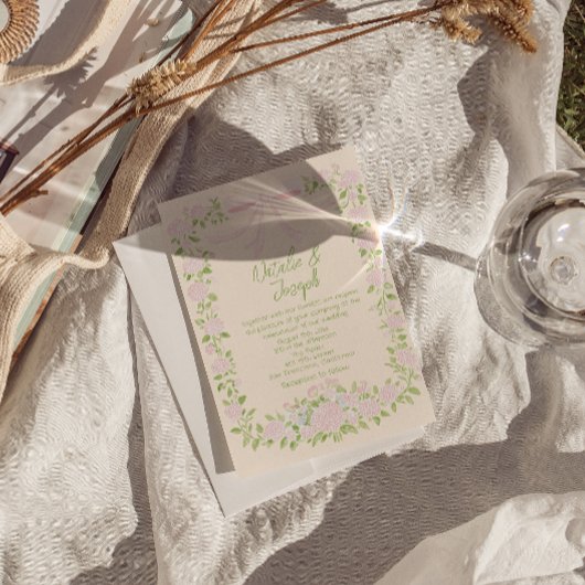 Hand Drawn Green Pink Bow Floral QR Code Wedding 招待状