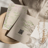 Hand Drawn Green Pink Bow Floral QR Code Wedding 招待状