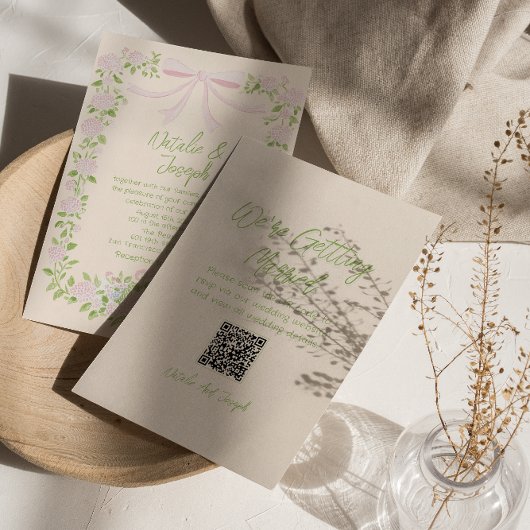 Hand Drawn Green Pink Bow Floral QR Code Wedding 招待状