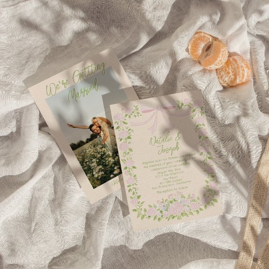 Hand Drawn Green Pink Bow Floral Summer Wedding 招待状