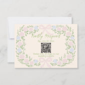 Hand Drawn Green Pink Bow Floral Wedding QR Code 出欠カード (正面)