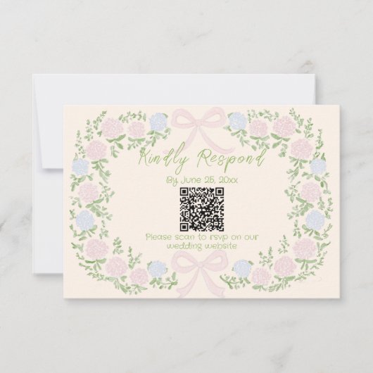 Hand Drawn Green Pink Bow Floral Wedding QR Code 出欠カード (正面)