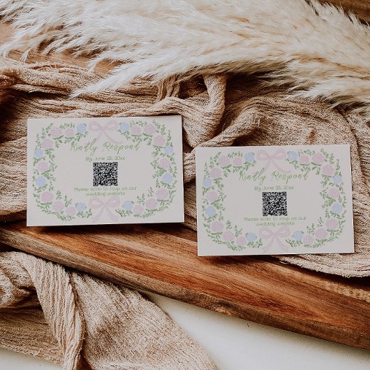 Hand Drawn Green Pink Bow Floral Wedding QR Code 出欠カード