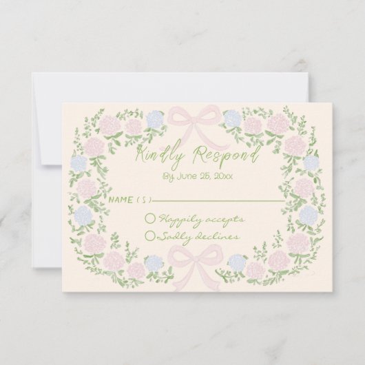 Hand Drawn Green Pink Bow Floral Wreath Wedding 出欠カード (正面)