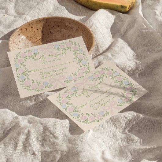 Hand Drawn Green Pink Bow Floral Wreath Wedding 出欠カード