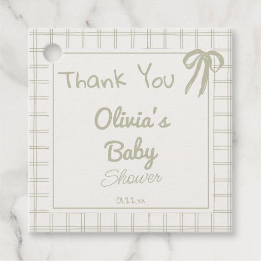Hand Drawn Green Retro Gingham Bow Baby Shower フェイバータグ (正面)