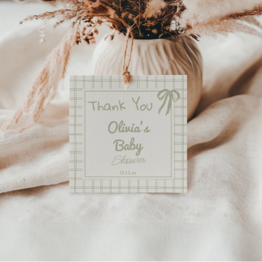 Hand Drawn Green Retro Gingham Bow Baby Shower フェイバータグ