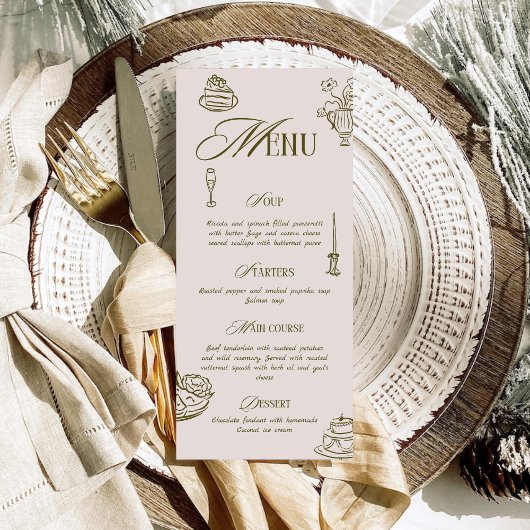 Hand Drawn Green Retro Illustrated Dinner Wedding メニュー