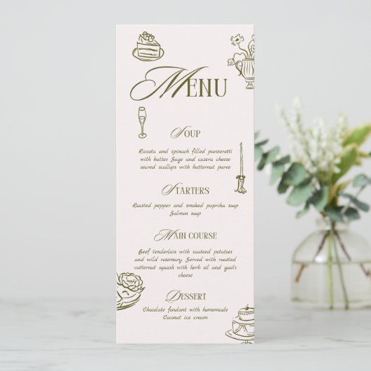 Hand Drawn Green Retro Illustrated Dinner Wedding メニュー (スタンド正面)