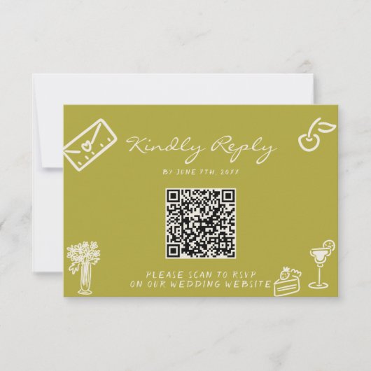 Hand Drawn Green Romantic QR Code Wedding 出欠カード (正面)