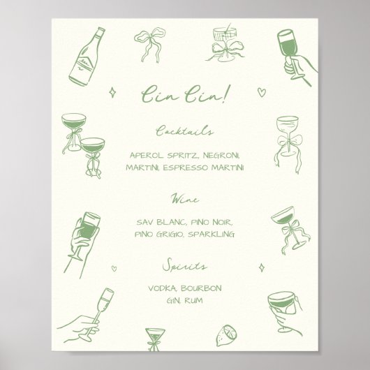 Hand Drawn Green Wedding Cin Cin Bar  ポスター (正面)