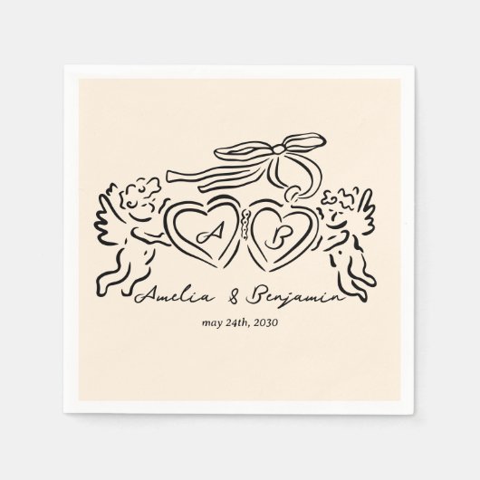 hand drawn heart couple whimsical wedding スタンダードカクテルナプキン (正面)