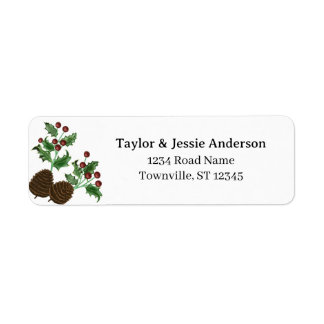 Hand Drawn Holly & Pine Cones Return Address Label ラベル