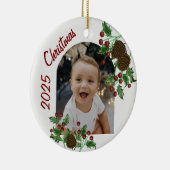Hand Drawn Holly & Pinecones Christmas Photo セラミックオーナメント (右)