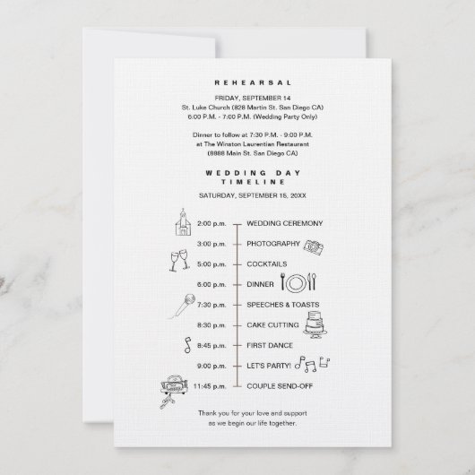 Hand drawn Icons  wedding Timeline bridal party  招待状 (裏面)