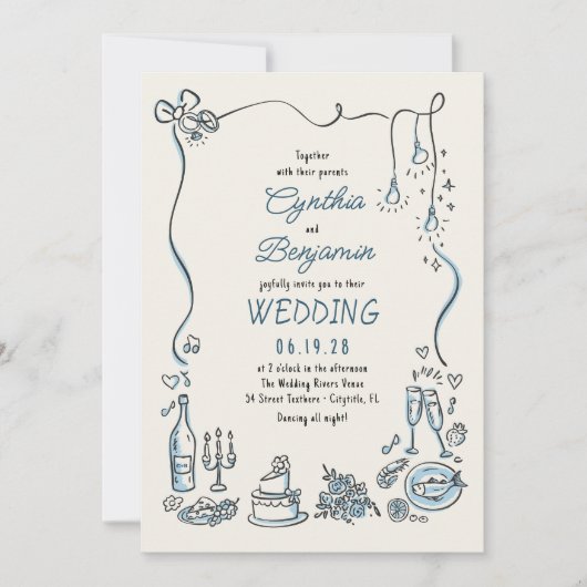 Hand Drawn Illustrations Doodles Whimsical Wedding 招待状 (正面)