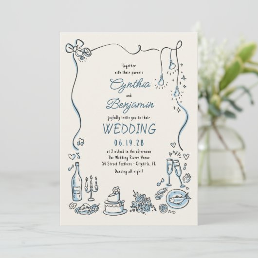 Hand Drawn Illustrations Doodles Whimsical Wedding 招待状 (スタンド正面)