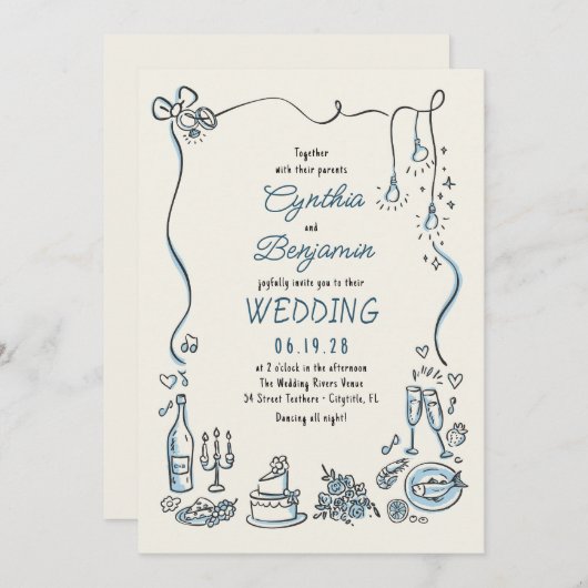 Hand Drawn Illustrations Doodles Whimsical Wedding 招待状 (正面/裏面)