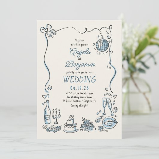 Hand Drawn Illustrations Whimsical Retro Wedding 招待状 (スタンド正面)
